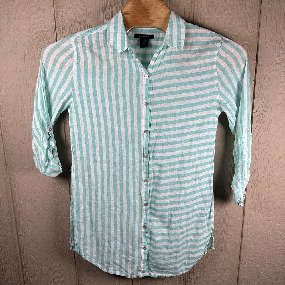 Tahari Button Up Tunic Top Large Linen Blend Roll Tab Sleeve Turquoise Striped